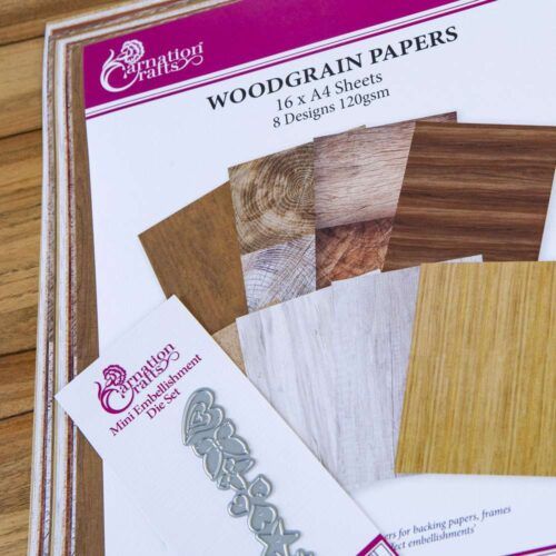 Woodgrain Paper pack and Mini Embellishment Die Set