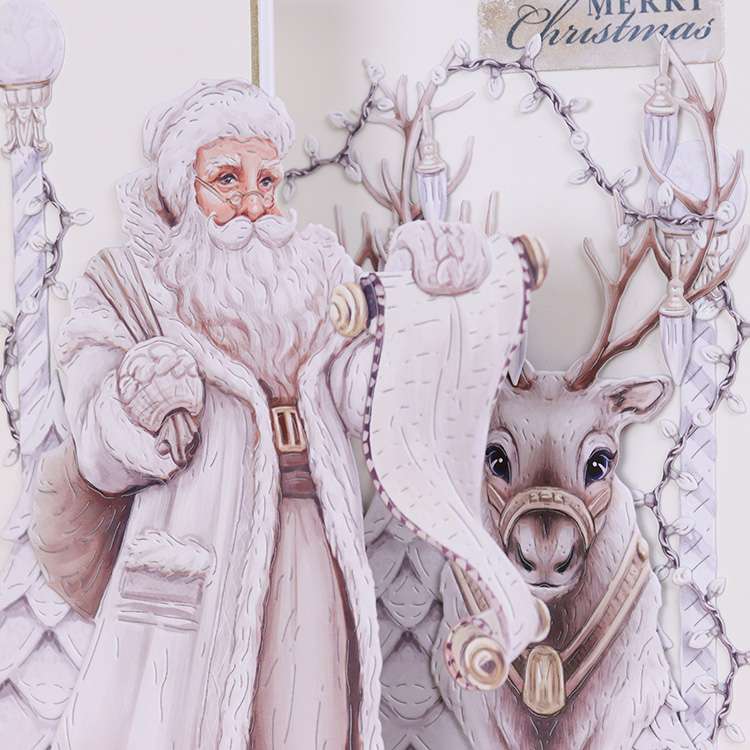 Card made using ready For A White Christmas Special Edition Vignette with Father Christmas in a sleigh and a Reindeer in the foreground