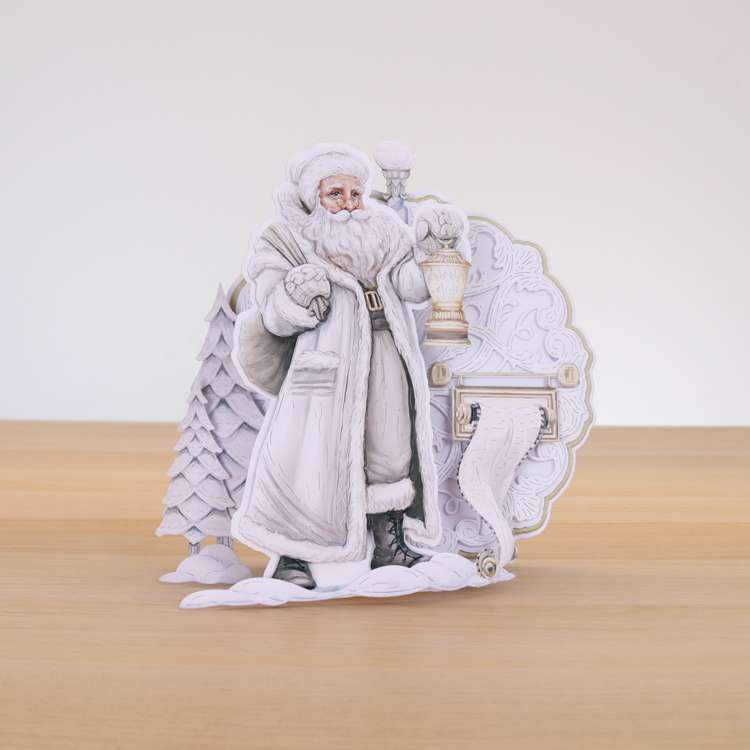 Card made using ready For A White Christmas Special Edition Vignette with a White dressed Father Christmas holding a lantern