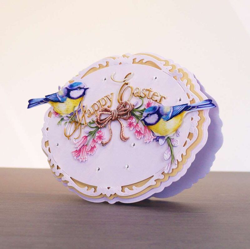 Card made using Spring's Garland Special Edition Vignette with two blue tits stood on a floral branch