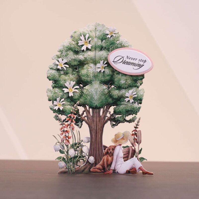 Tree Card made using the Sunny Escape Special Edition Vignettes with a dog leaning on a woman sat down under the tree