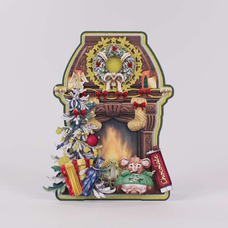 Card made using Christmas Jumper Special Edition Vignette with a mouse enjoying a bar of chocolate next the a fireplace