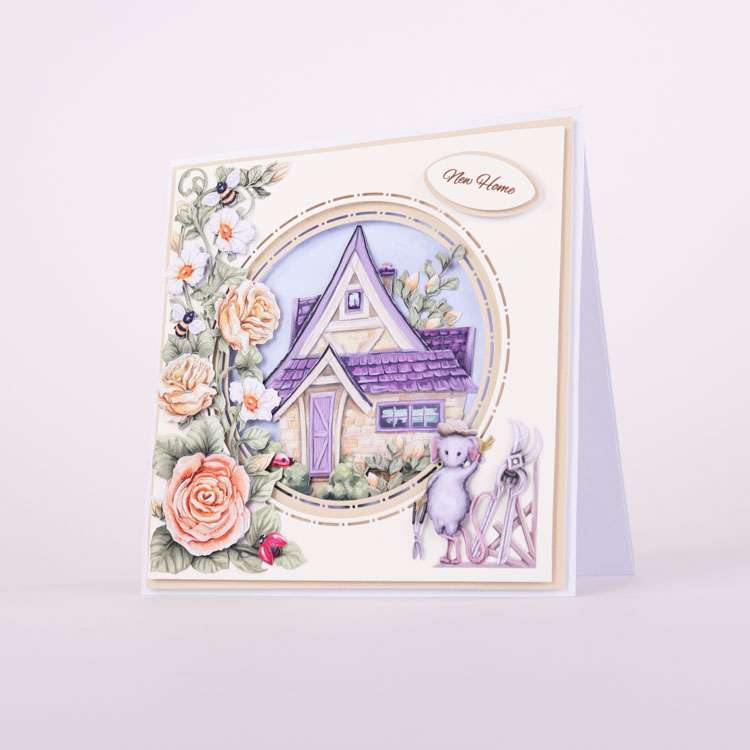 Card made using Garden Grace Special Edition Vignette with a cottage in the background and a mouse at the front waving around some roses and bees