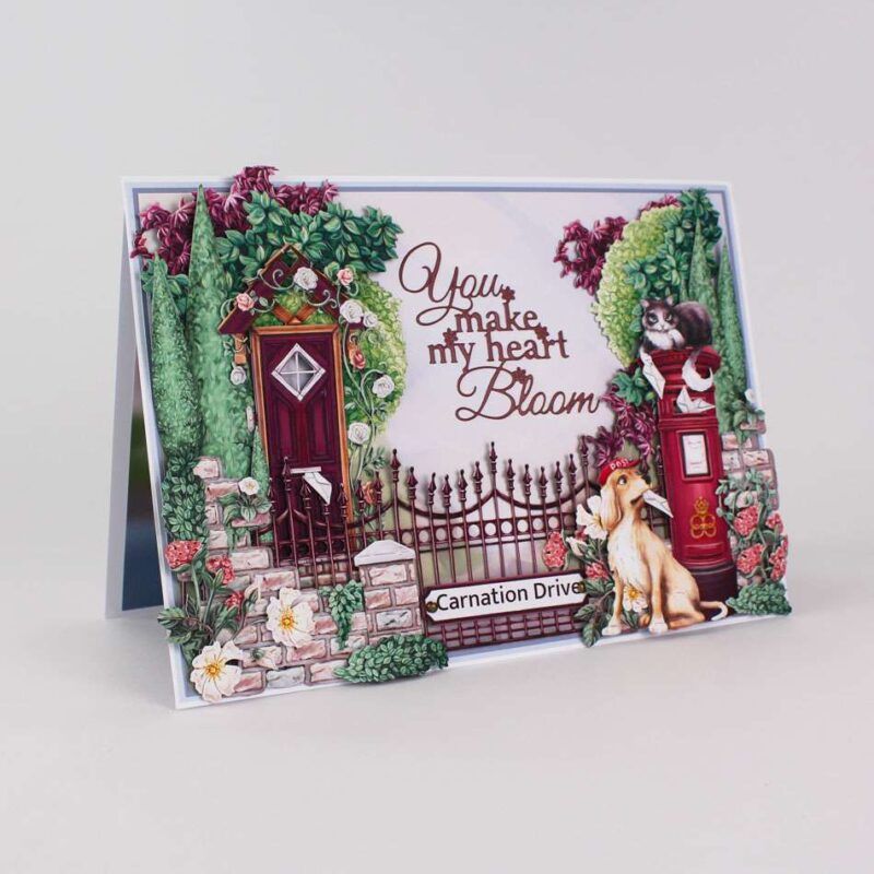 Card made using the Grand Gardens Special Edition Vignette with the delivery dog and cat net to the post box and a grandeur feel