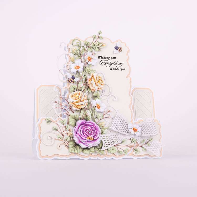Card made using Garden Grace Special Edition Vignette with florals vines flowing from bottom to top and some bees flying around