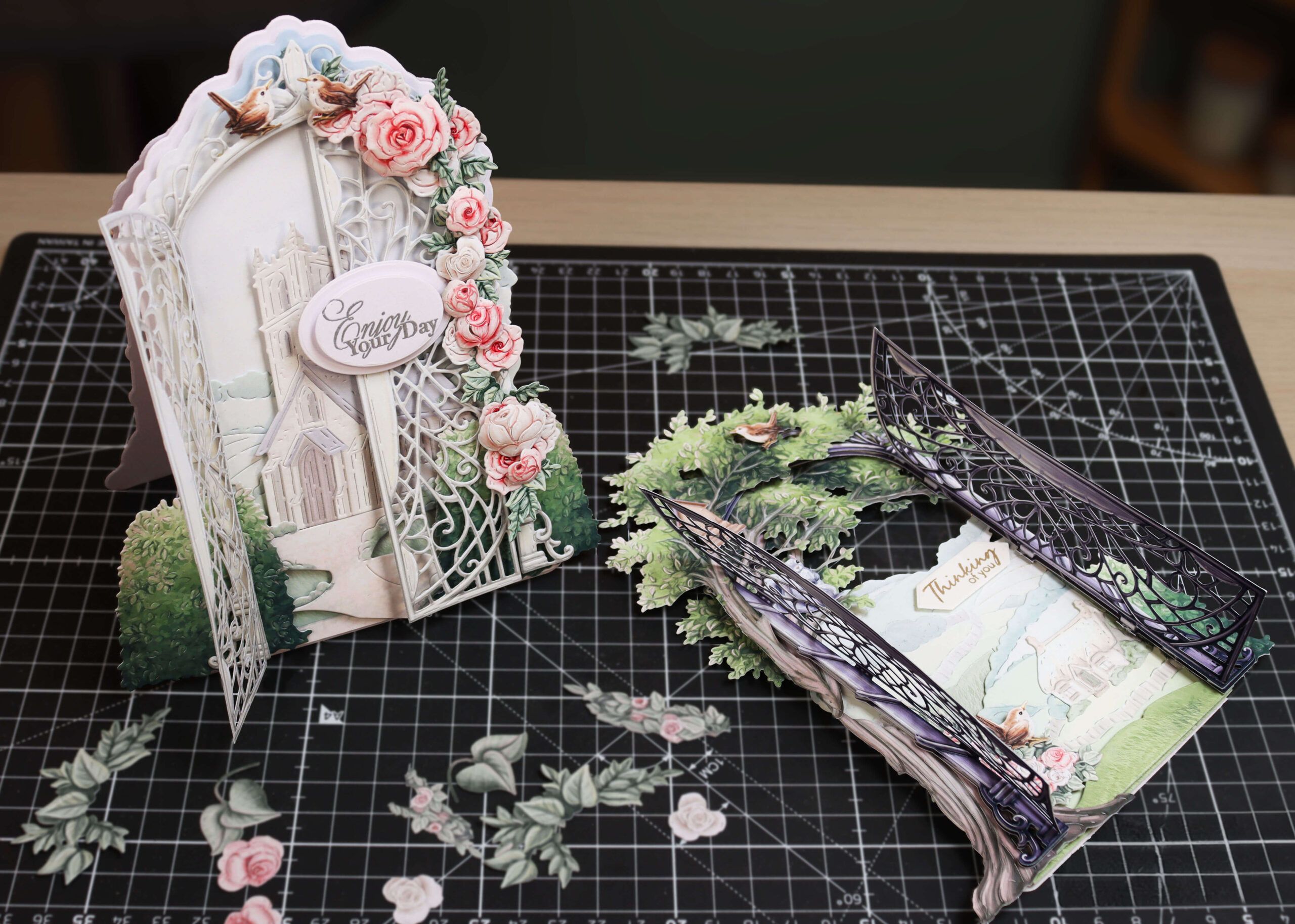 two cards created using die cut artwork