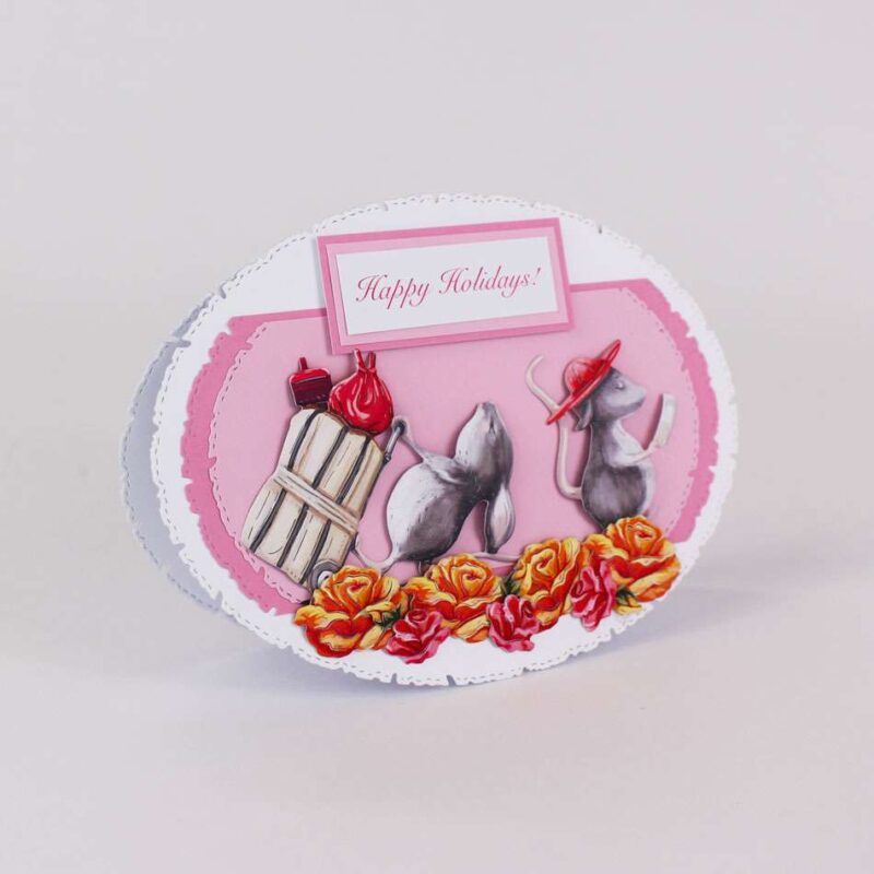Card made using the Summer Bliss Special Edition Vignette with two mice, one rolling luggage and the other giving directions