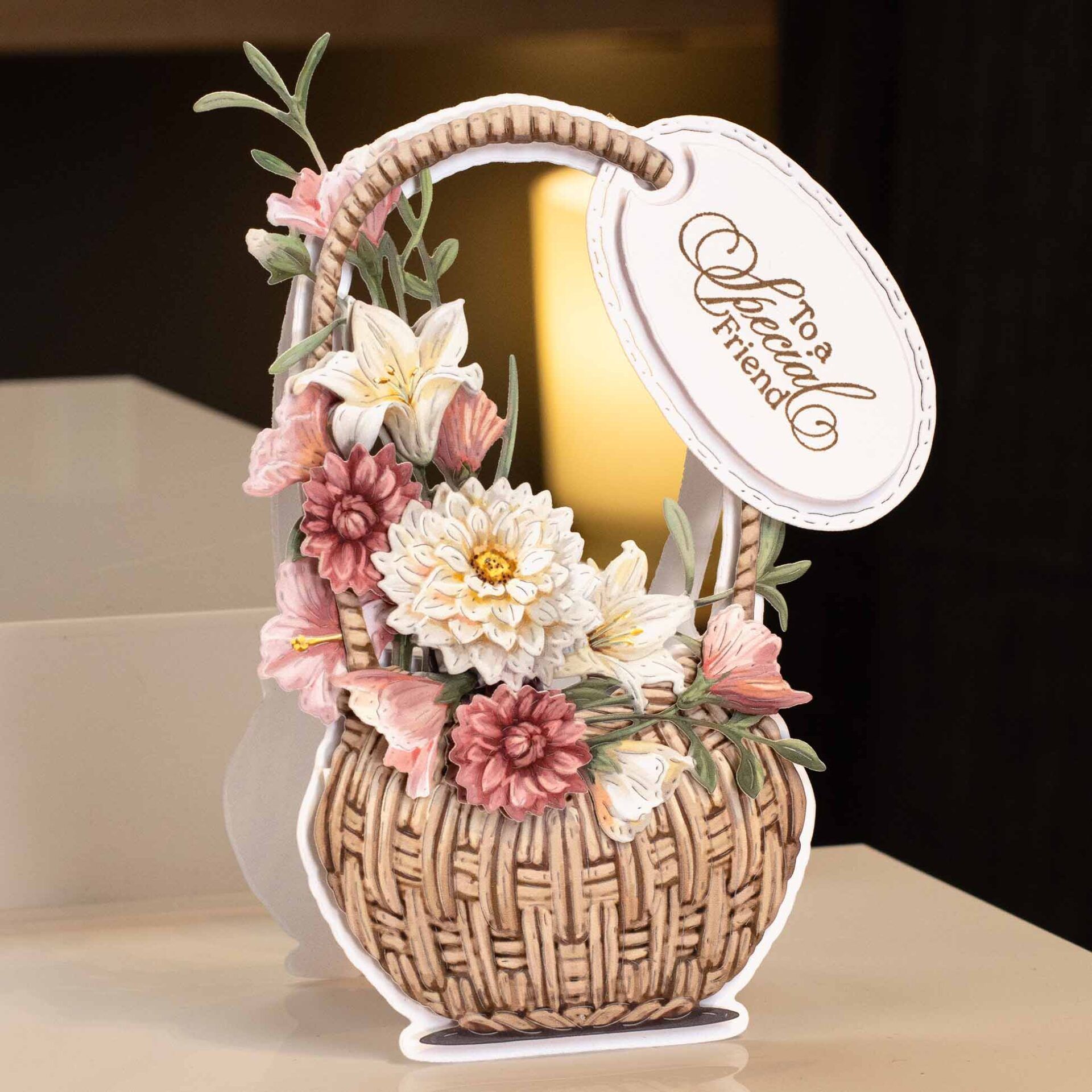 a basket shaped card made from a die cutting set, with its mat layers used as the card base